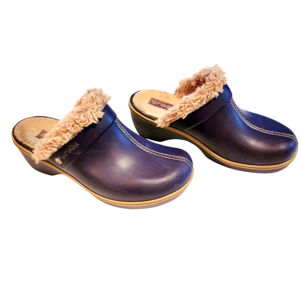 Crocs Cobbler Mule Clogs Womans, Rubber, Faux Fur Lined, Purple Slip-On. Sz 10